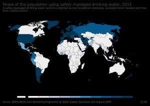 지속 가능한 개발 목표 6 (SDG 6) 지표 6.1.1의 2015년 세계 지도: "안전하게 관리되는 식수 서비스 이용 인구 비율"