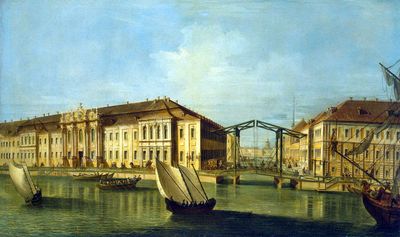 1727년의 세 번째 겨울 궁전. 도메니코 트레치니가 설계했으며, 게오르크 마르타르노비가 1721년에 지은 두 번째 겨울 궁전을 끝을 맺는 파빌리온 중 하나로 통합했다.