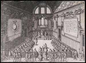 1570년 2월 18일 교황 비오 5세가 바티칸 궁전의 살라 레지아에서 코시모를 토스카나 대공으로 즉위시키는 모습