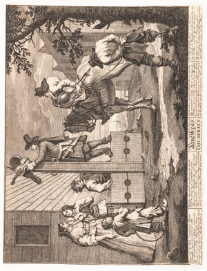 호가스가 바이올린 연주자를 제압하고 그를 널빤지에 가두는 모습을 묘사한 판화. 널빤지 위에는 바이올린과 그 케이스가 전시되어 있다.