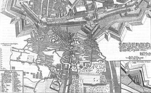 1683년 제2차 빈 포위 당시의 참호와 빈 시벽과 호프부르크 궁전