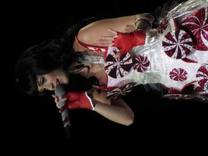 페리의 트레이드마크인 페퍼민트 소용돌이 드레스