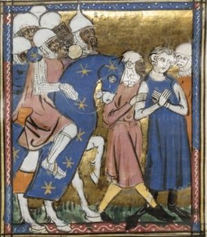 수염을 기른 검은 피부의 기마병과 흰 피부의 남자