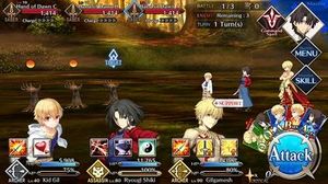 Fate: Grand Order의 전투 장면: 길가메쉬(아처), 료우기 시키(어새신), 길가메쉬(아처)가 새벽의 손 적들과 싸우고 있다.