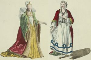 왼쪽은 1581년 르네상스 후기 의상을 입은 도제 부인, 오른쪽은 1750년 Tonda를 입은 여성