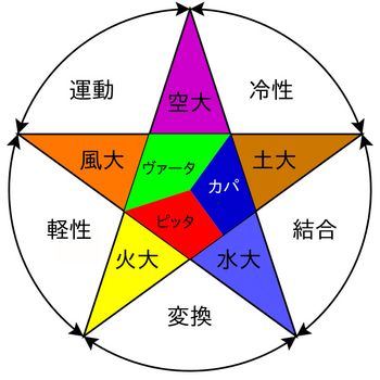 트리・도샤(삼체액)와 오대(판차 마하부타)의 관계 (사용된 색상은 임의)