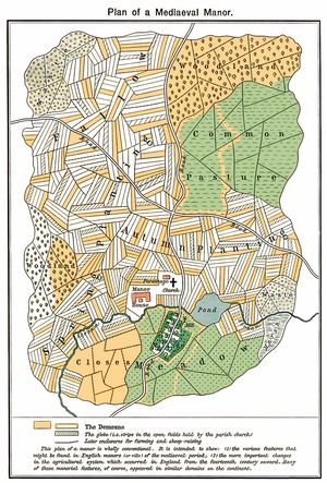 중세 장원 지도. 넓은 공유지와 작은 띠로 나뉜 토지를 주목하십시오. 겨자색 부분은 직영지, 해칭된 부분은 교구 재산입니다.William R. Shepherd, Historical Atlas, 1923