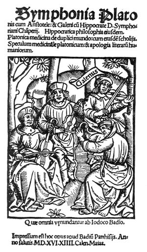 플라톤, 아리스토텔레스, 히포크라테스 그리고 갈레노스는 1516년의 이 상상력이 풍부한 목판화에서 비올로 곡을 연주하고 있다.
