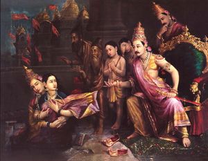 시타가 어머니 지구로 돌아가자 스리 라마, 그녀의 아들들, 그리고 현자들이 놀라움으로 지켜본다.