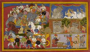 라바나, 아들의 죽음에 대한 소식을 듣고 비탄에 잠겨 라마를 상대로 더 많은 군대를 보낸다 (사히브딘 그림, 메와르 라마야나 삽화).