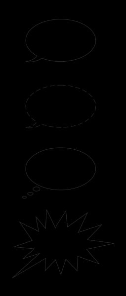 4가지 가장 흔한 말풍선, 위에서 아래로: 말하기, 속삭임, 생각, 비명