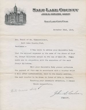 조 힐의 처형 비용을 충당하기 위해 카운티 위원회에 요청하는 보안관 사무소