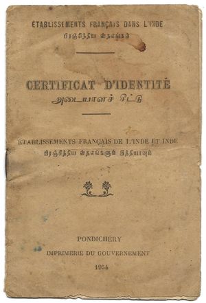 퐁디셰리 이양 전 프랑스 식민지에서 발행된 1954년 프랑스 신분증