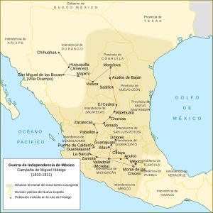 이달고의 캠페인 경로에 있는 마을과 1810-1811년 봉기가 일어난 지역.