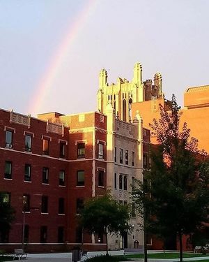 종합 병원의 대학 고딕 타워가 캠퍼스 서쪽에 눈에 띄게 서 있다.