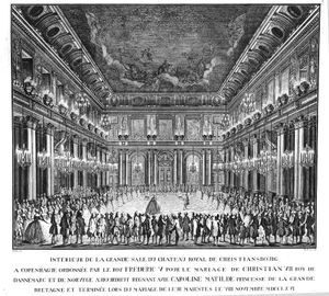 크리스티안 7세와 캐롤라인 마틸다의 결혼식에서 춤을 추는 모습 (프랑스어 비문 새겨짐)