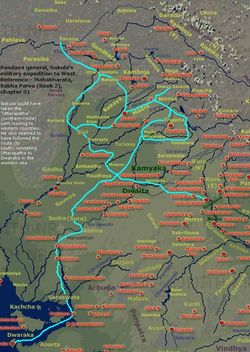 마하바라타에 따르면, 나쿨라의 서부 왕국 정복 군사 원정. 그는 우타라파타 경로를 따라갔던 것으로 보인다.