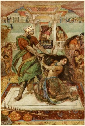 두샤사나가 드라우파디를 침실에서 끌어내는 모습