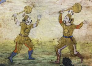 두료다나와 비마의 결투. 라즈마나마(마하바라타의 페르시아어 번역)의 삽화. 1598년