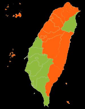 2000년 타이완 총통선거 결과(녹색: 천수이볜(민주진보당), 주황색: 쑹추위(무소속))