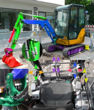 유압 굴착기 제어 설명 (제어 색상은 움직이는 부분과 일치)