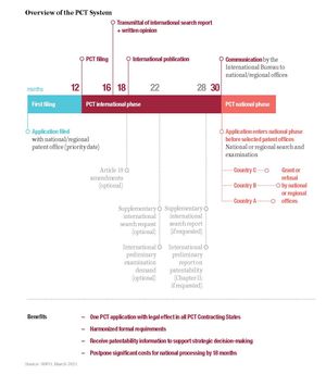 특허협력조약 시스템의 개요를 제공하는 타임라인 다이어그램.