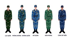 베트남 육군의 전투복과 해당 색상 구성: 육군 (합동 군사), 방공-공군, 해군, 국경경비대 및 해안경비대.