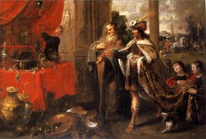 크로이소스가 솔론에게 자신의 보물을 보여주고 있다. 프란스 프랑켄 2세(Frans Francken the Younger), 17세기