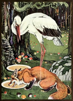 황새는 여우와 황새 등 여러 이솝 우화에 등장한다.