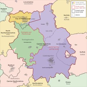 현대 케임브리지셔의 역사적 행정 구역 경계 지도. 케임브리지셔 아일오브일리는 빨간색으로 표시된 경계선으로, 현재 펜랜드, 이스트 케임브리지셔, 사우스 케임브리지셔, 그리고 케임브리지 시의 구역을 포함했다.