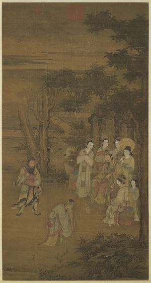 황제가 자리에 앉아 대신 원앙의 말을 상림원에서 경청하고 있다.