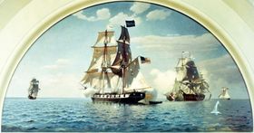 벽화: 이리 호 전투, 1813년 9월 10일. (1959) 찰스 로버트 패터슨과 하워드 B. 프렌치, 미국 해군사관학교, 아나폴리스, 메릴랜드. 나이아가라가 전투에 합류하고 있다. 오른쪽에는 디트로이트와 퀸 샬롯이 있다.