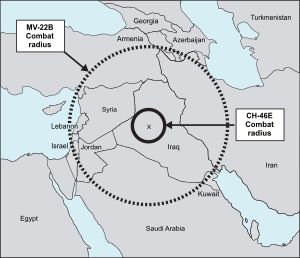 이라크에서 V-22(큰 원)와 CH-46E(작은 원)의 전투행동반경 비교