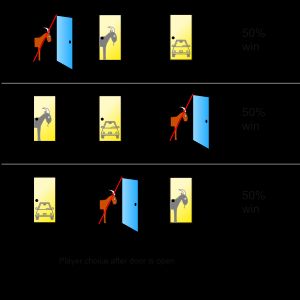 플레이어가 문이 열린 후 무작위로 선택하는 다른 선택 과정은 다른 확률을 산출한다.