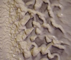 페인트는 비뉴턴 유체이다. 흰색 페인트로 덮인 평평한 표면이 수직으로 놓여 있다(사진을 찍기 전에 평평한 표면은 책상 위에 수평으로 놓여 있었다). 유체는 표면 아래로 떨어지기 시작하지만, 비뉴턴 성질 때문에 중력 가속도로 인해 응력을 받는다. 따라서 표면을 따라 미끄러지는 대신, 떨어지는 것이 제한된 매우 크고 매우 밀도가 높은 물방울을 형성한다.