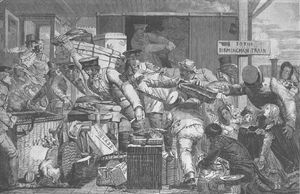 글로스터에서 승객들이 기차를 갈아타는 모습을 보여주는 Illustrated London News 만화