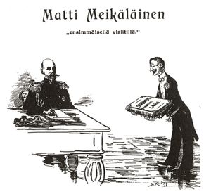 카를로 카리가 1898년 9월 30일 잡지 마티 메이켈래이넨에 게재한 만화. 핀란드 총독으로 부임하는 보브리코프에게 핀란드 헌법을 숙지하라는 의미를 담고 있다.