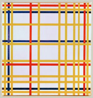 A painting of yellow, red, and blue lines arranged in a woven lattice or grid-like pattern.