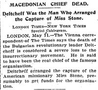 델체프 사망에 대한 미국 일간지 뉴욕 타임스 1903년 5월 11일자 보도.