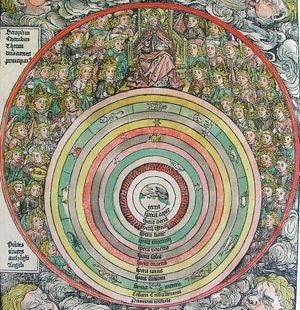 영화에 사용된 모델과 유사한 이 천동설은 우주의 중심에 지구를, 그 주위에는 공기와 불의 층, 태양계, 별들, 그리고 마지막으로 천사들의 합창단과 함께하는 신을 묘사하고 있다.