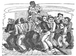 The Quid(1832)에서 발췌한 캡스턴에서 끌어올리는 것을 동반하는 흑인 바이올린 연주자