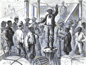 미시시피 증기선 선원들이 캐프스턴 위에서 노래를 부르는 모습