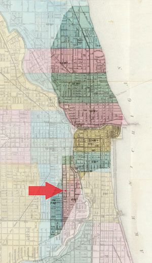 1869년 시카고 지도, 화재로 파괴된 지역 표시 (올리어리의 헛간 위치는 빨간 점과 화살표로 표시)