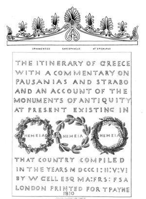 1810년경 윌리엄 겔이 고대 유물을 표현하기 위해 산세리프 대문자를 사용한 초기 "신고전주의" 사례.