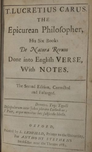 1683년 사물의 본성에 관하여 영어 번역본의 제목 페이지
