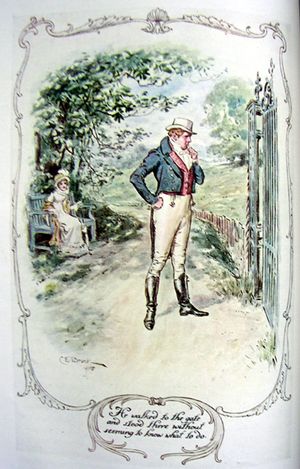 당황한 러쉬워스 씨가 소턴 코트의 하하(ha-ha)에 있는 잠긴 문을 바라보는 모습 (C. E. 브록 삽화)