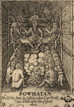 추장 포우하탄과 함께 있는 롱하우스 안 (1612년 존 스미스 지도 상세도)