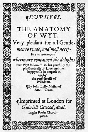 1578년 출간된 유피우스: 기지의 해부 초판 표지. 이 작품은 릴리의 작가 경력을 열었다.