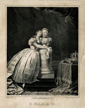 포르투갈 여왕 마리아 2세가 아버지 페드루 1세 (브라질 황제)의 흉상을 껴안고 울고 있다.