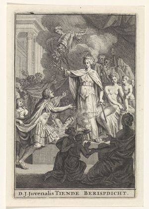 베르나르 피카르의 작품으로 추정되는 『멜포메네 앞에 무릎 꿇은 시인 유베날리스』(1711년) 풍자시집 제10편에서